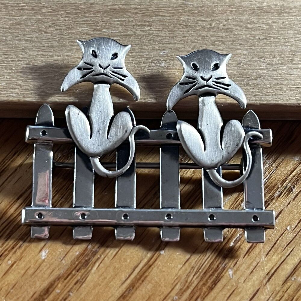 Beau Sterling Silver 925 Two Cats on a Fence Brooch Pin Vintage 1960's Signed